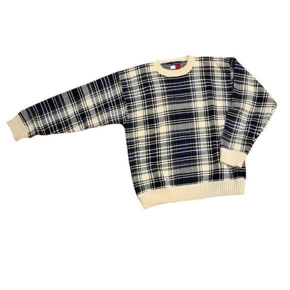 Vintage 90s Heavy Knit Plaid Tommy Hilfiger Sweater Preppy Nautical pullover | L - Picture 4 of 10